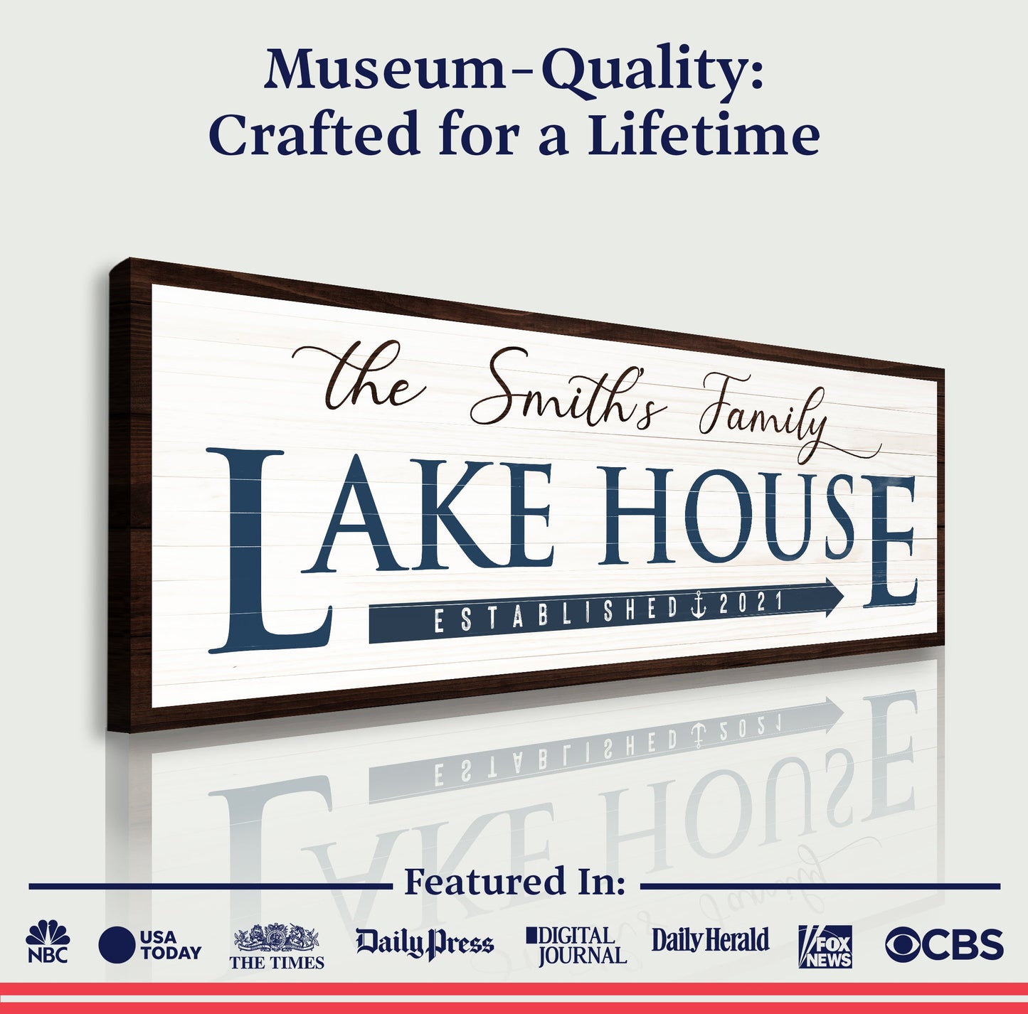 Canvas sign Tailored Canvases Family Lake House Arrow Sign III with navy lettering on wood frame on Tampa Home & Garden Store