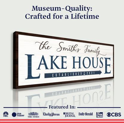 Canvas sign Tailored Canvases Family Lake House Arrow Sign III with navy lettering on wood frame on Tampa Home & Garden Store
