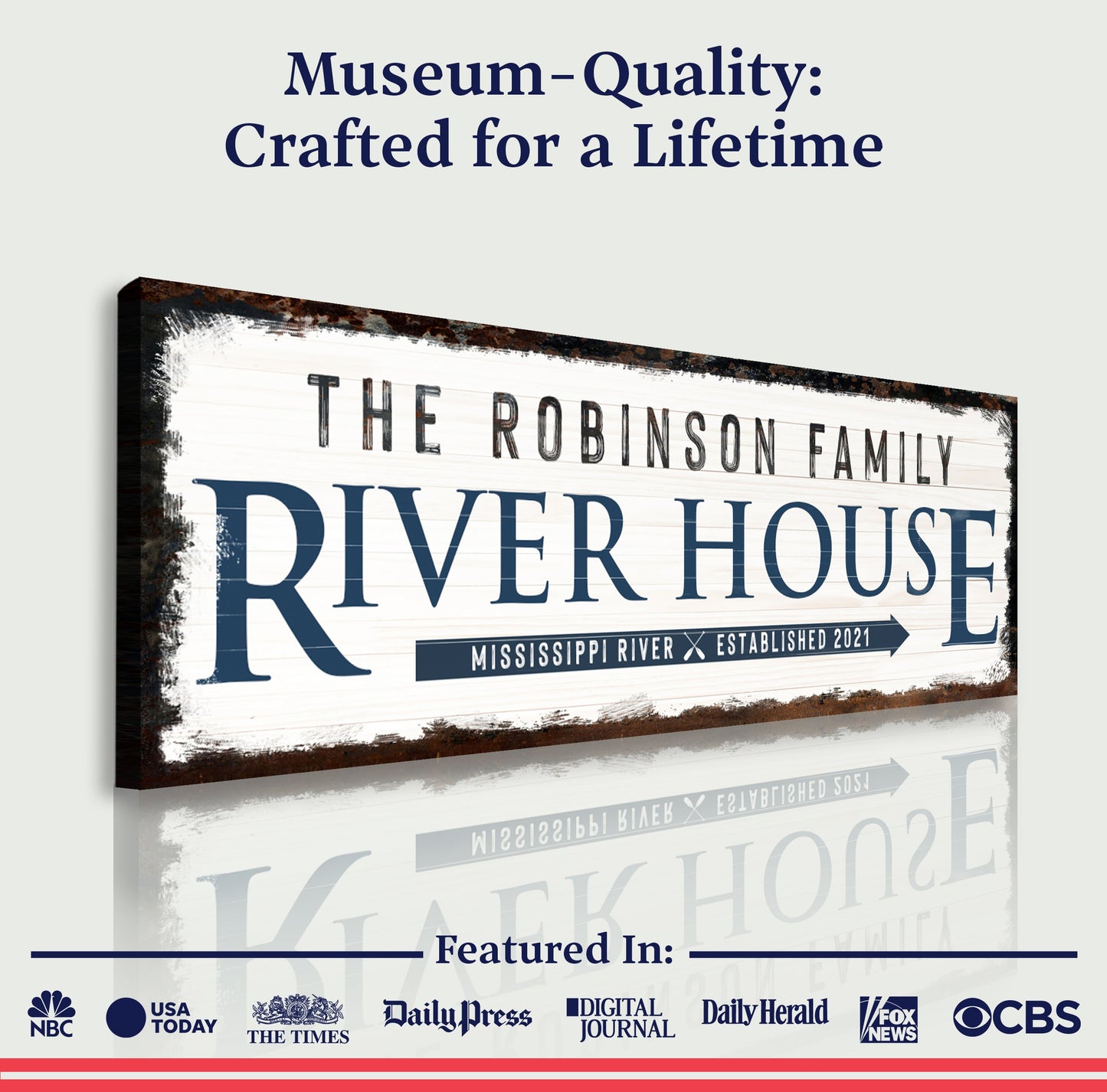 Family River House Arrow Sign canvas by Tailored Canvases with rustic navy lettering on Tampa Home & Garden Store