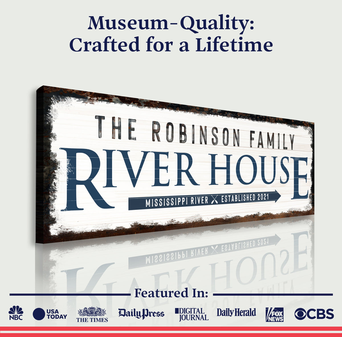Family River House Arrow Sign canvas by Tailored Canvases with rustic navy lettering on Tampa Home & Garden Store