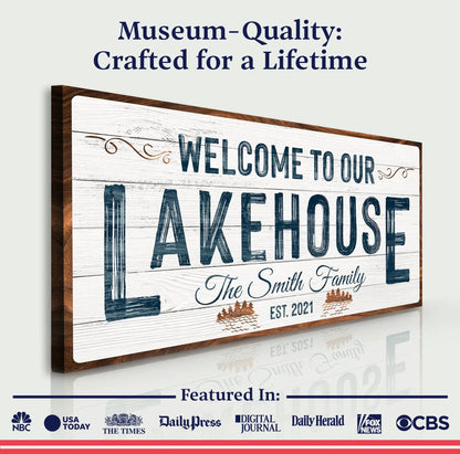 Welcome To Our Lakehouse Sign canvas by Tailored Canvases with wood texture and blue lettering on Tampa Home & Garden Store