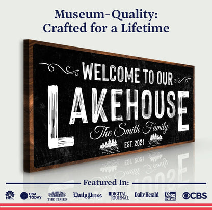 Welcome To Our Lakehouse Sign II canvas by Tailored Canvases with blackboard and wood frame on Tampa Home & Garden Store