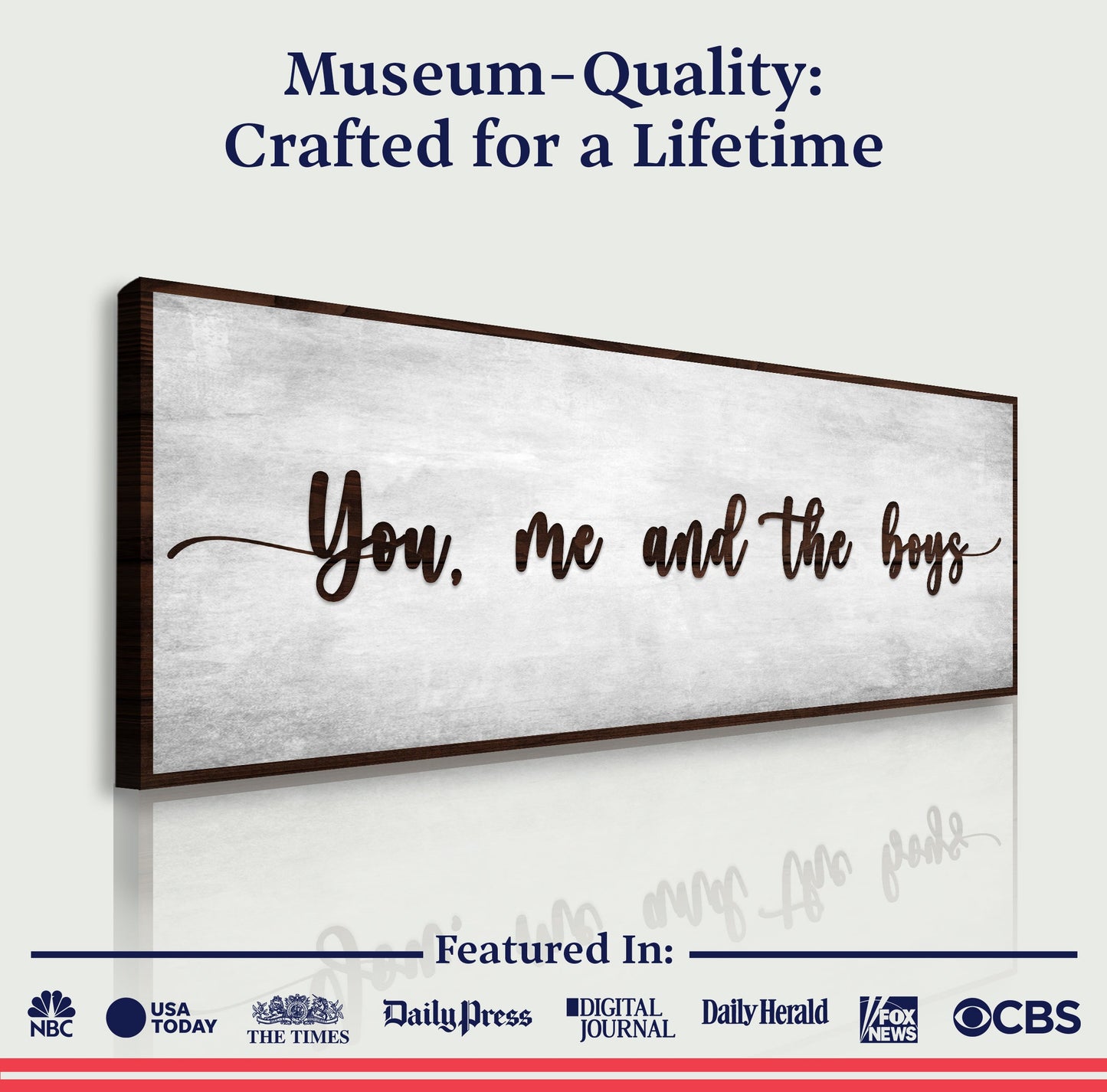 You, Me, And The Boys Sign V canvas with brown script in a dark wood frame on Tampa Home & Garden Store