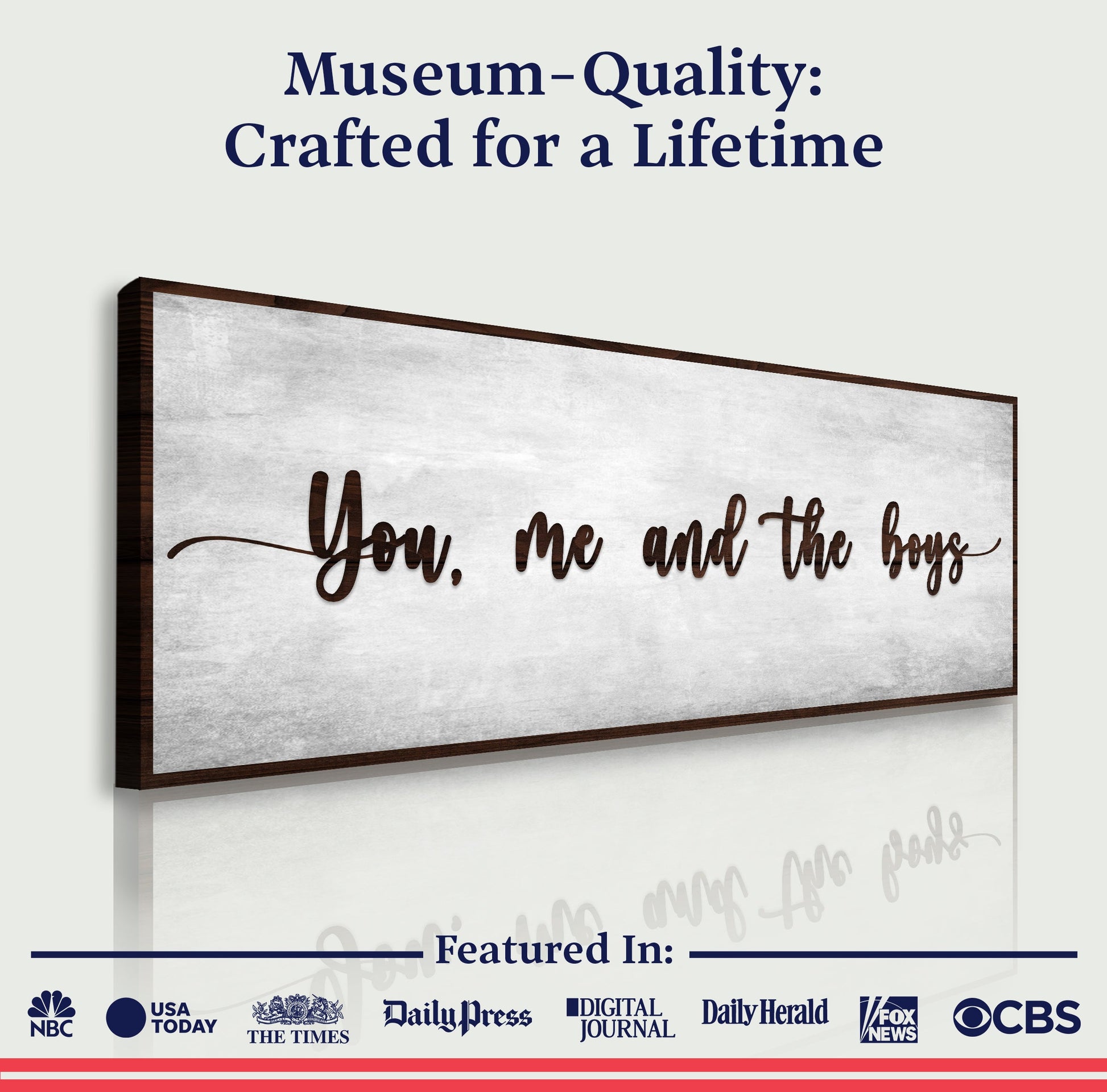 You, Me, And The Boys Sign V canvas with brown script in a dark wood frame on Tampa Home & Garden Store