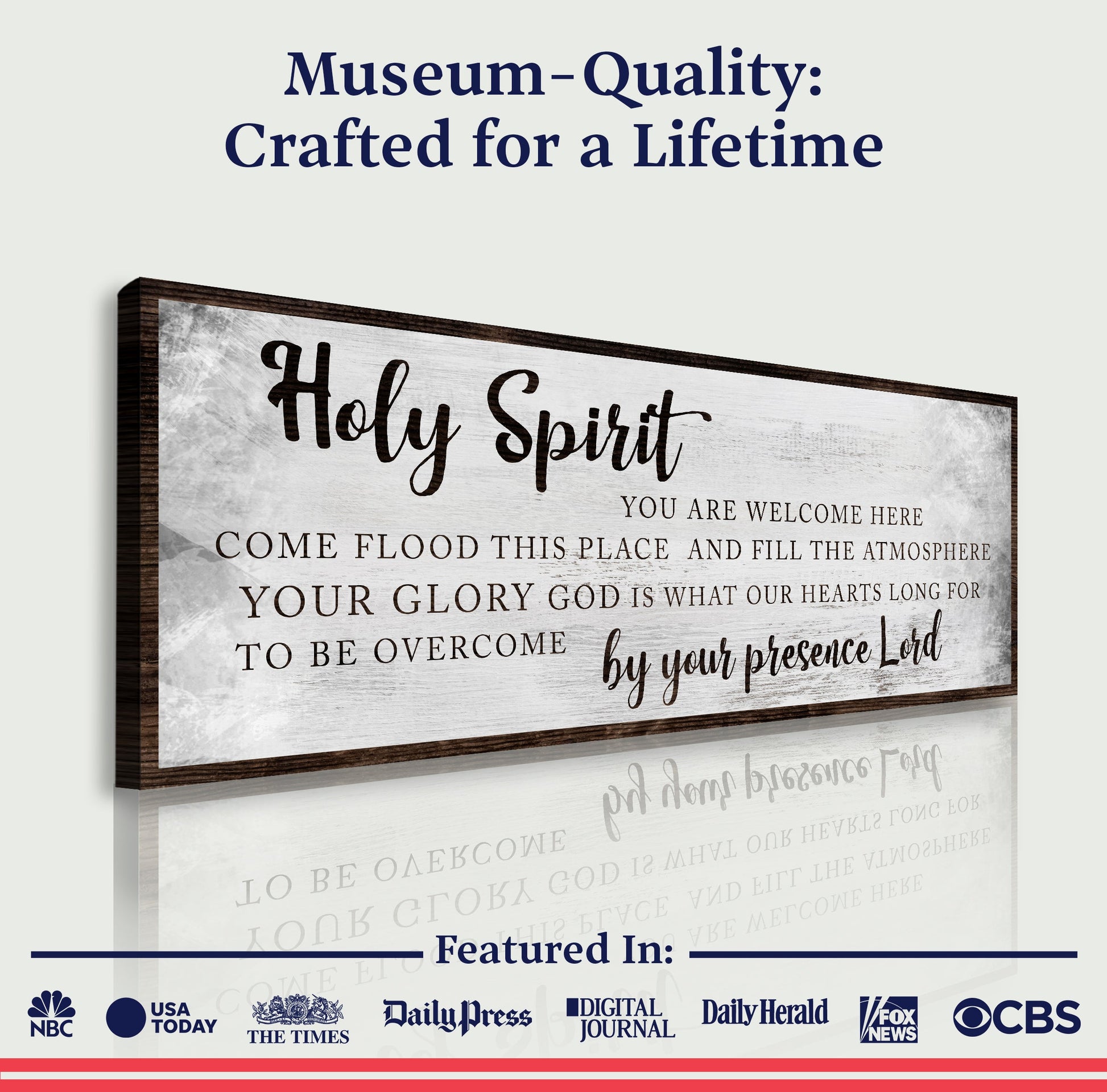 Holy Spirit You Are Welcome Here Sign canvas with white panel and dark wood frame on Tampa Home & Garden Store
