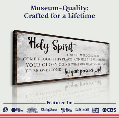 Holy Spirit You Are Welcome Here Sign canvas with white panel and dark wood frame on Tampa Home & Garden Store