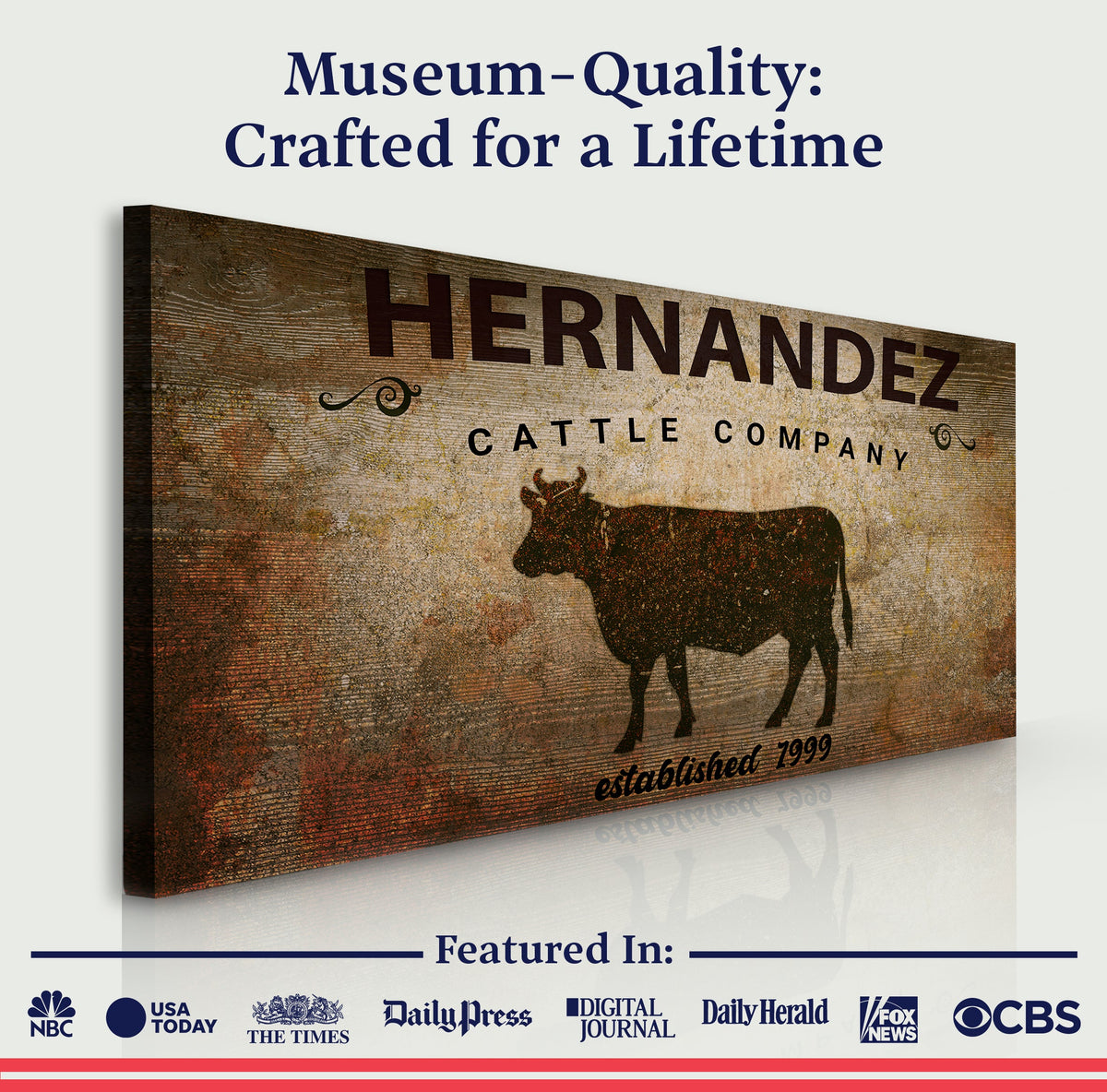 Cattle Company Sign canvas by Tailored Canvases, rustic woodgrain texture with cattle silhouette on Tampa Home & Garden Store