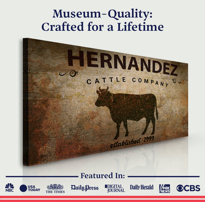 Cattle Company Sign canvas by Tailored Canvases, rustic woodgrain texture with cattle silhouette on Tampa Home & Garden Store