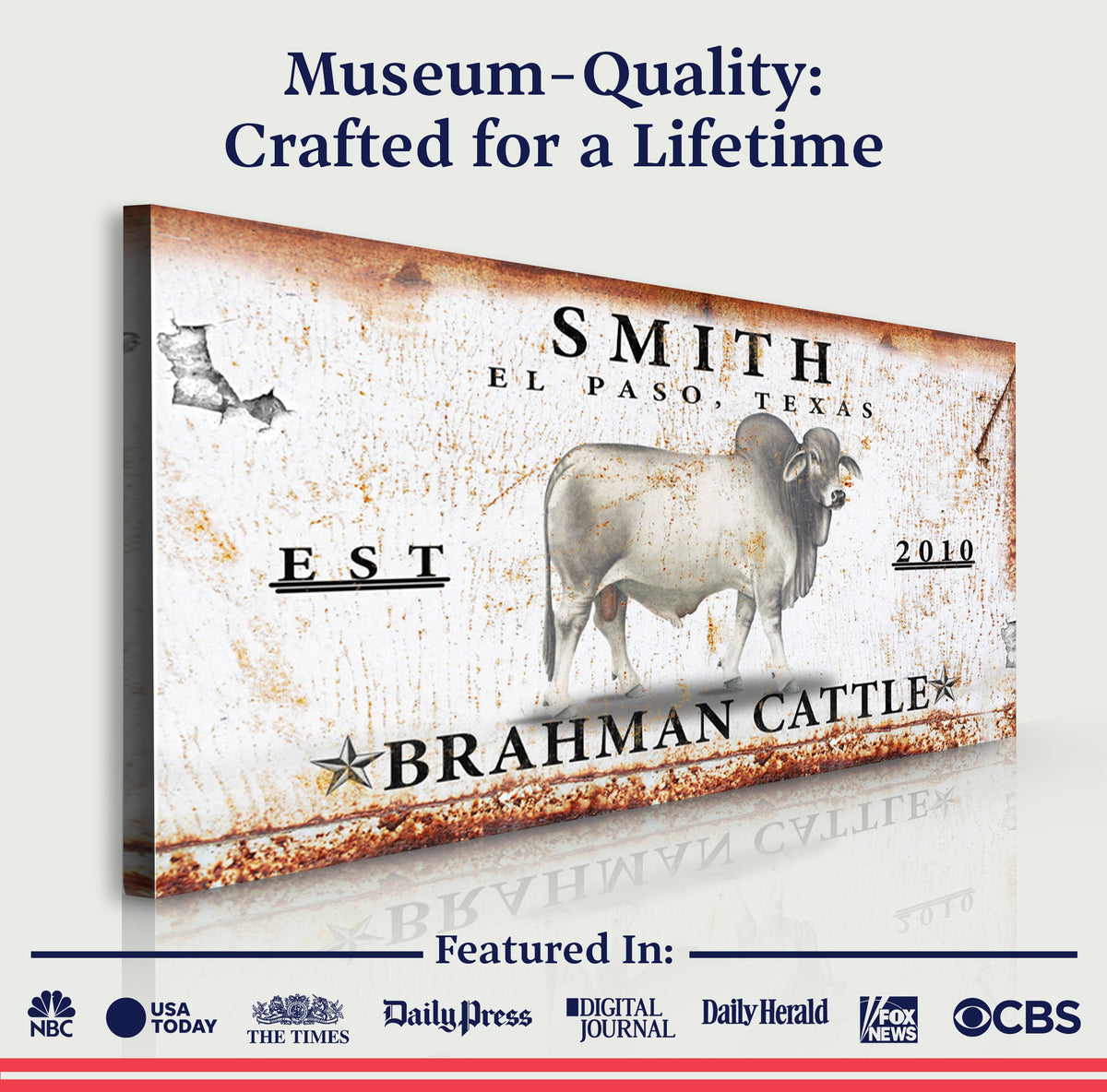 Brahman Cattle Sign III canvas by Tailored Canvases, rustic vintage sign artwork on Tampa Home & Garden Store