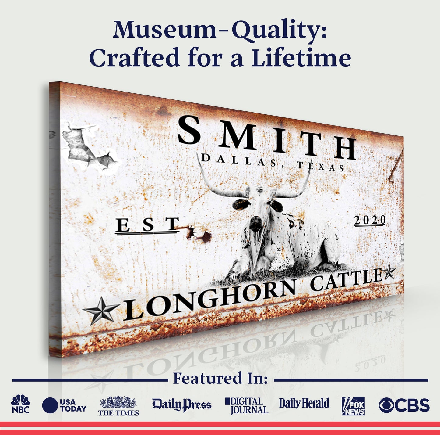 Longhorn Rustic Cattle Sign canvas with weathered rust texture and bold serif lettering on Tampa Home & Garden Store