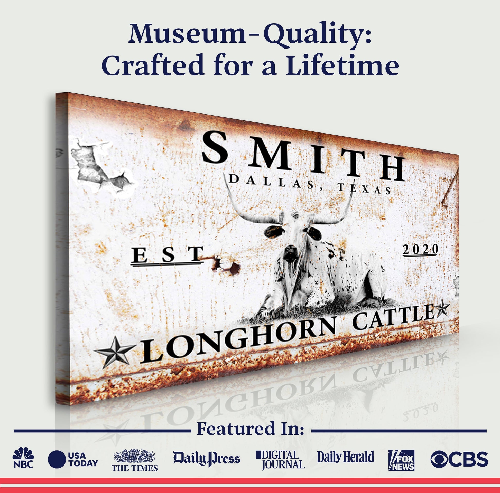 Longhorn Rustic Cattle Sign canvas with weathered rust texture and bold serif lettering on Tampa Home & Garden Store