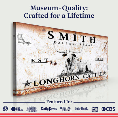 Longhorn Rustic Cattle Sign canvas with weathered rust texture and bold serif lettering on Tampa Home & Garden Store