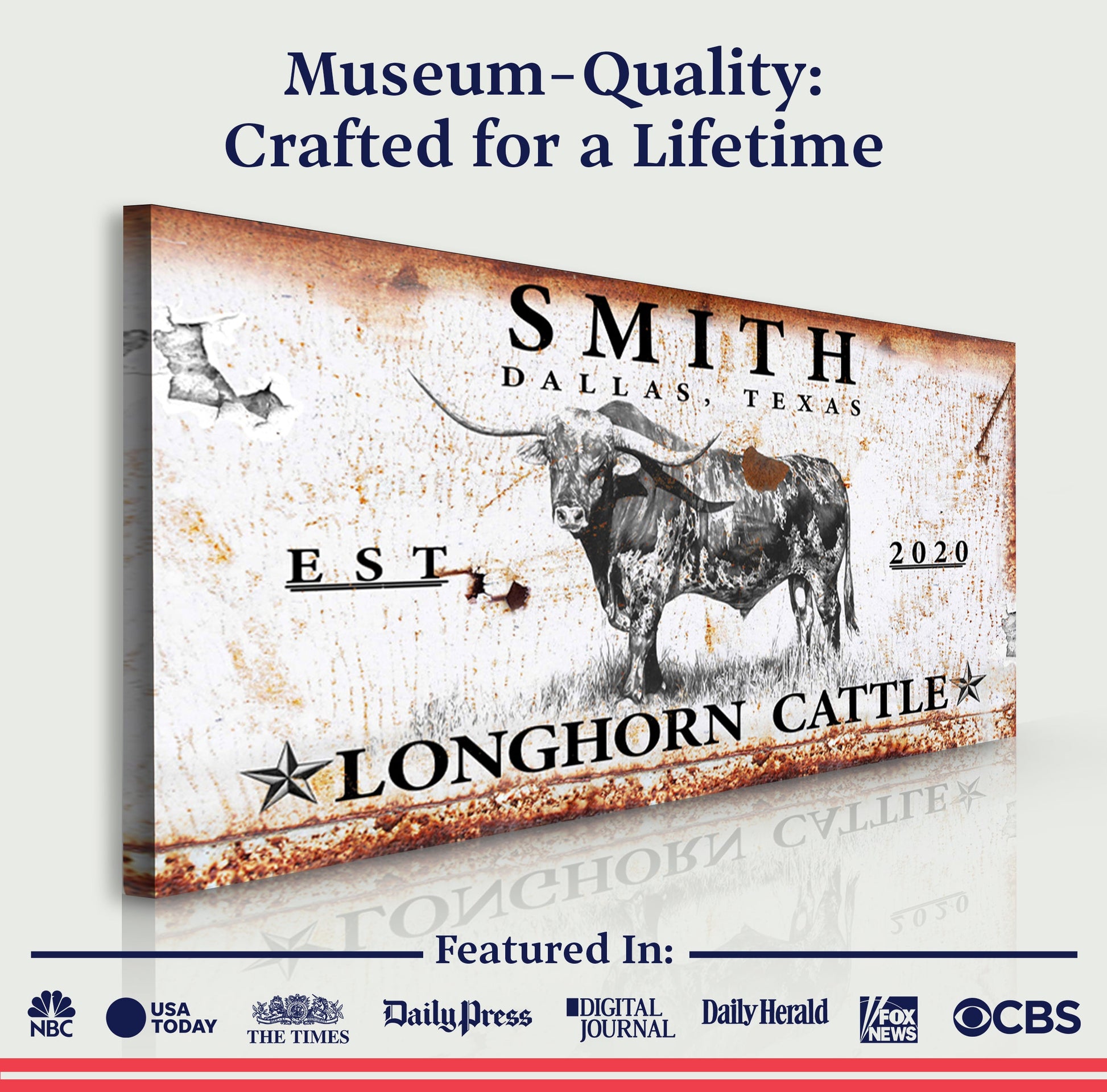 Longhorn Rustic Cattle Sign III canvas by Tailored Canvases with rusted border and Longhorn illustration on Tampa Home & Garden Store