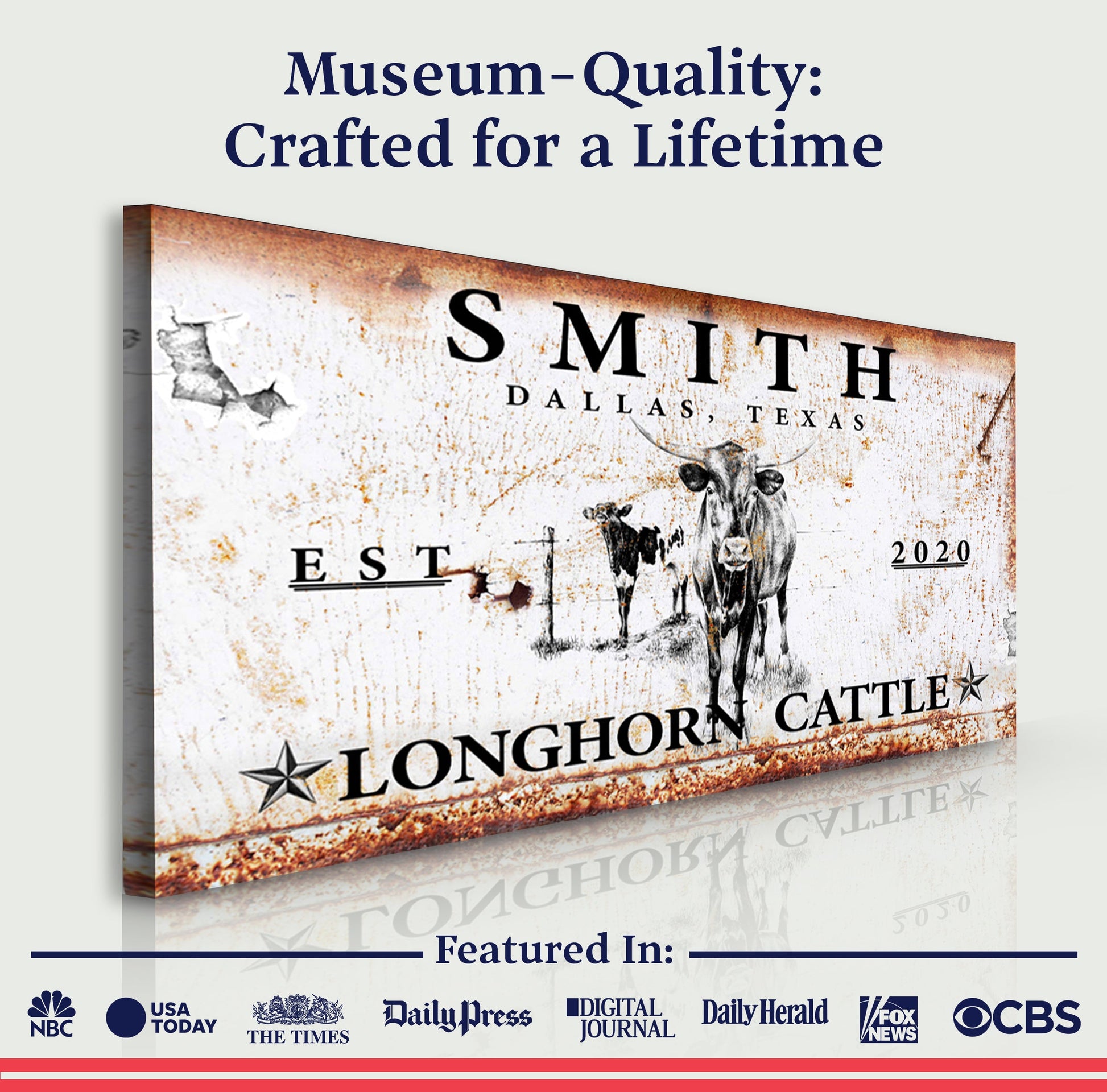Longhorn Rustic Cattle Sign II canvas by Tailored Canvases in rusted vintage style on Tampa Home & Garden Store