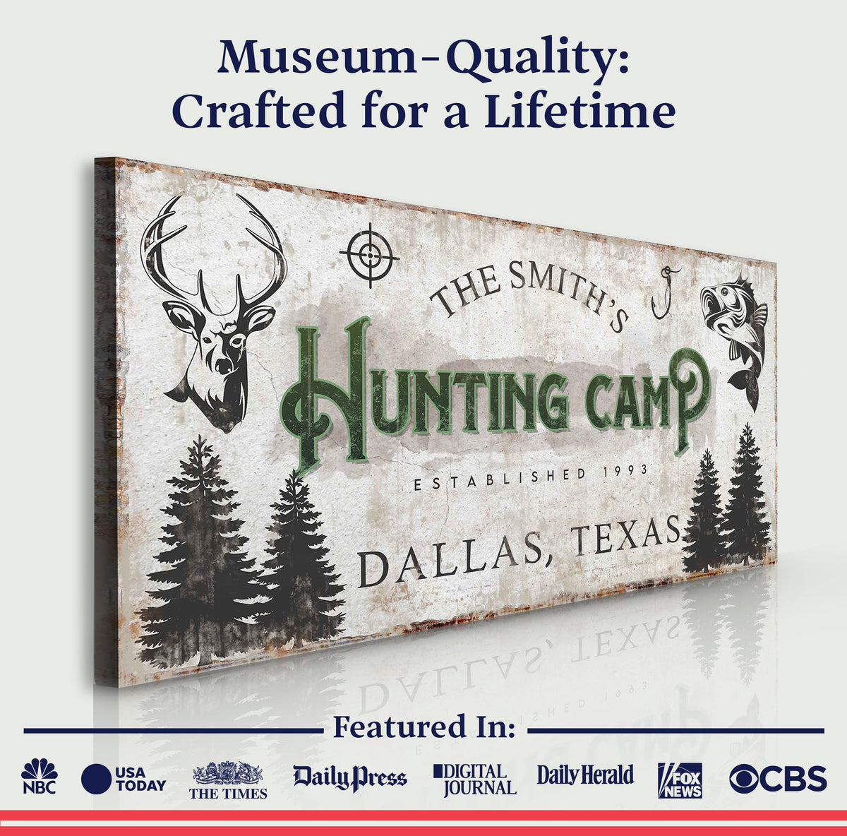 Fishing And Hunting Sign crafting canvas by Tailored Canvases, rustic with deer and pines on Tampa Home & Garden Store