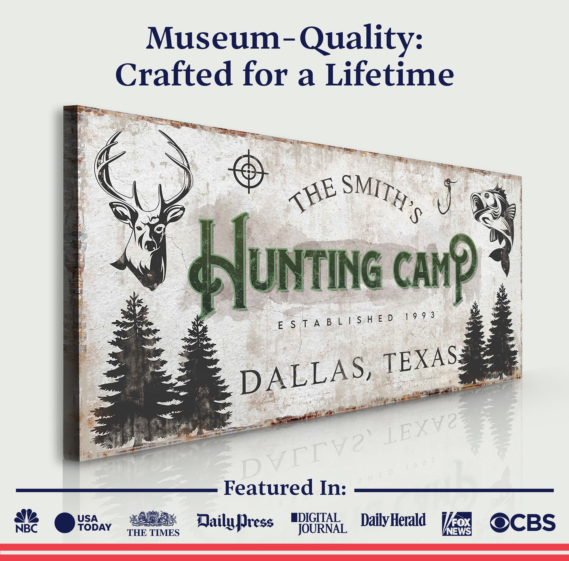 Fishing And Hunting Sign crafting canvas by Tailored Canvases, rustic with deer and pines on Tampa Home & Garden Store