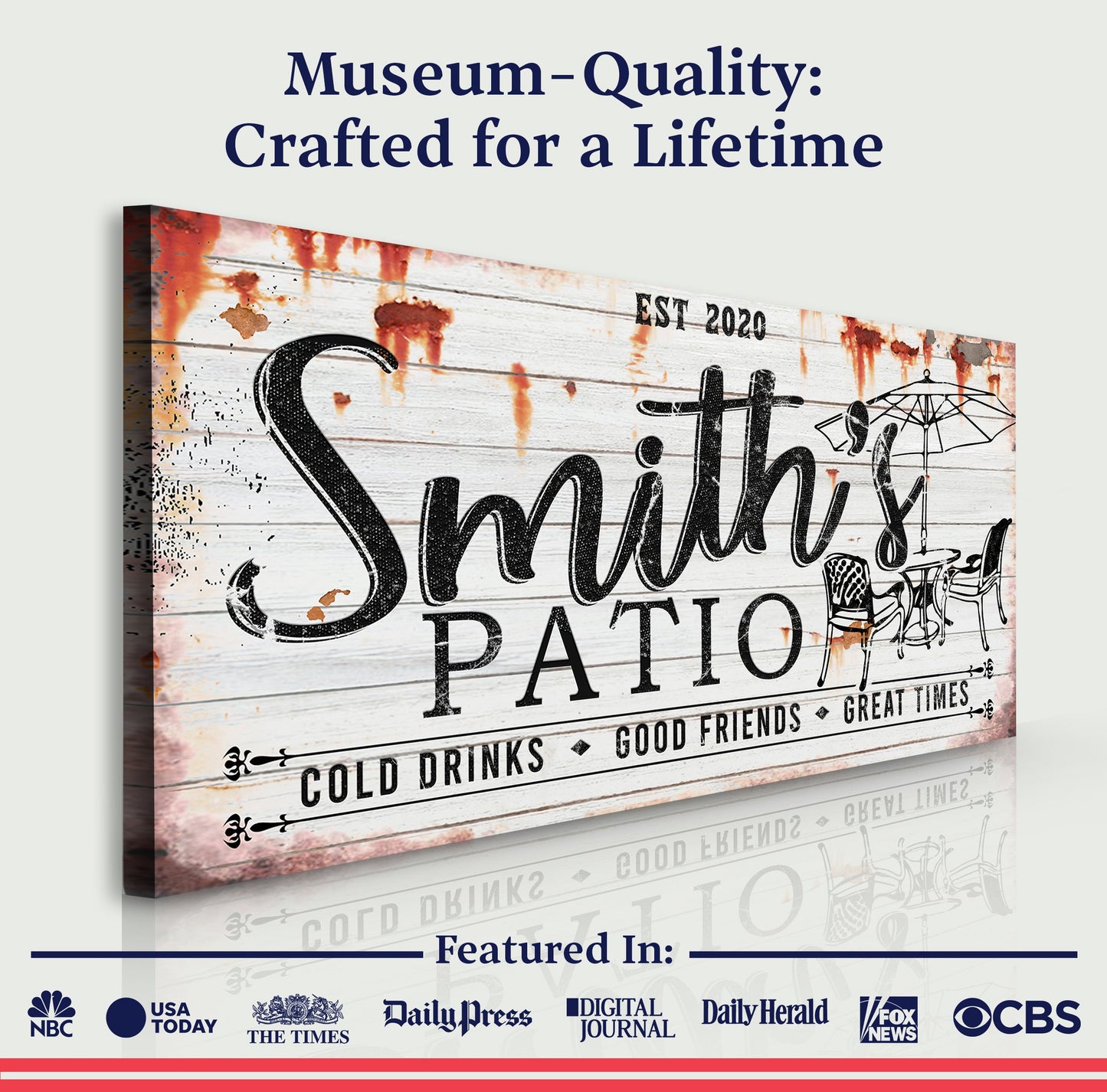 Family Patio Sign II canvas by Tailored Canvases; rustic wood plank design with black script on Tampa Home & Garden Store