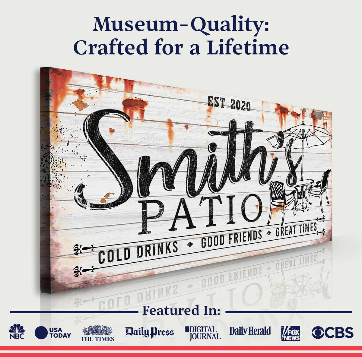 Family Patio Sign II canvas by Tailored Canvases; rustic wood plank design with black script on Tampa Home & Garden Store