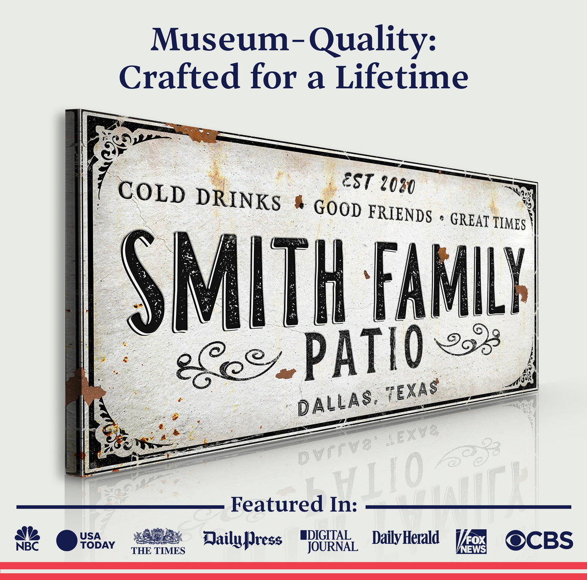 Family Patio Sign canvas with distressed beige background and bold black SMITH FAMILY lettering on Tampa Home & Garden Store