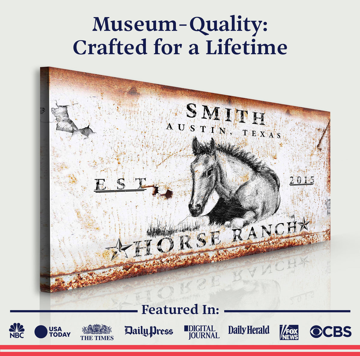 Rustic Horse Ranch Sign IV canvas by Tailored Canvases weathered horse illustration on aged surface on Tampa Home & Garden Store