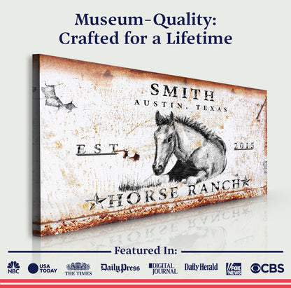 Rustic Horse Ranch Sign IV canvas by Tailored Canvases weathered horse illustration on aged surface on Tampa Home & Garden Store