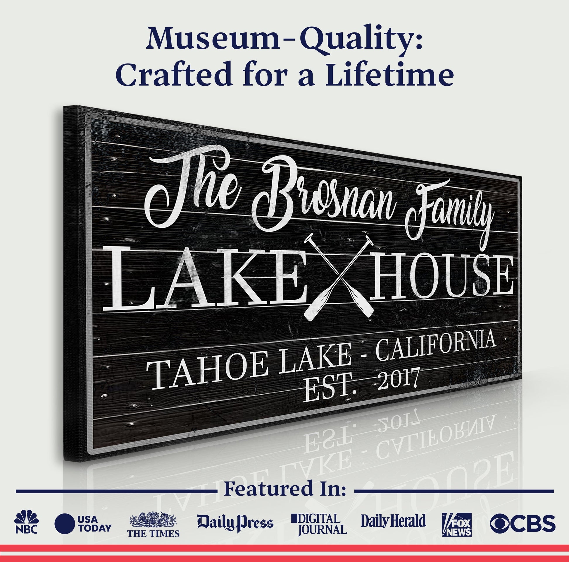 Family Lake House Paddle Sign II canvas by Tailored Canvases with black wood and white script on Tampa Home & Garden Store