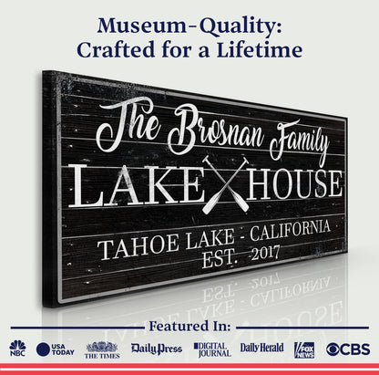 Family Lake House Paddle Sign II canvas by Tailored Canvases with black wood and white script on Tampa Home & Garden Store