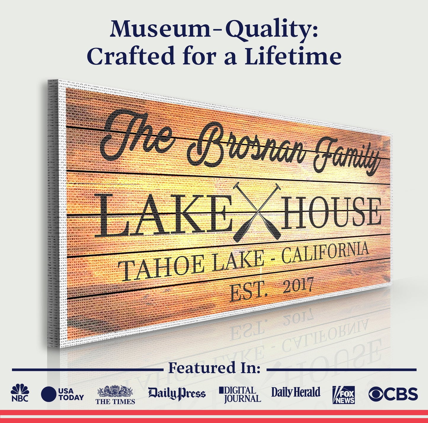 Family Lake House Paddle Sign III canvas with rustic wood grain background by Tailored Canvases on Tampa Home & Garden Store