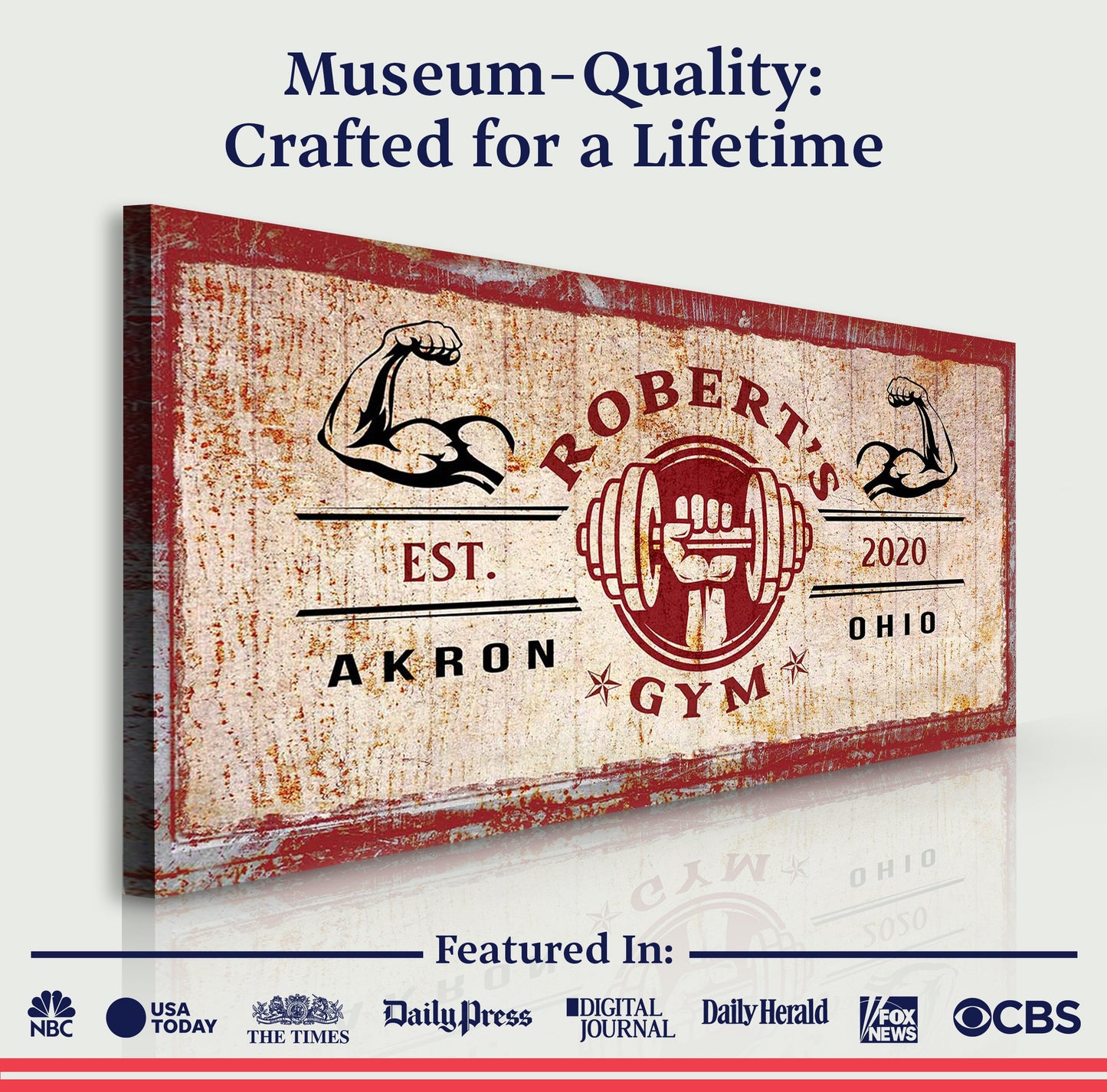 Gym Sign X canvas print with distressed vintage gym signage, muscular arms and red framing on Tampa Home & Garden Store