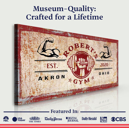 Gym Sign X canvas print with distressed vintage gym signage, muscular arms and red framing on Tampa Home & Garden Store
