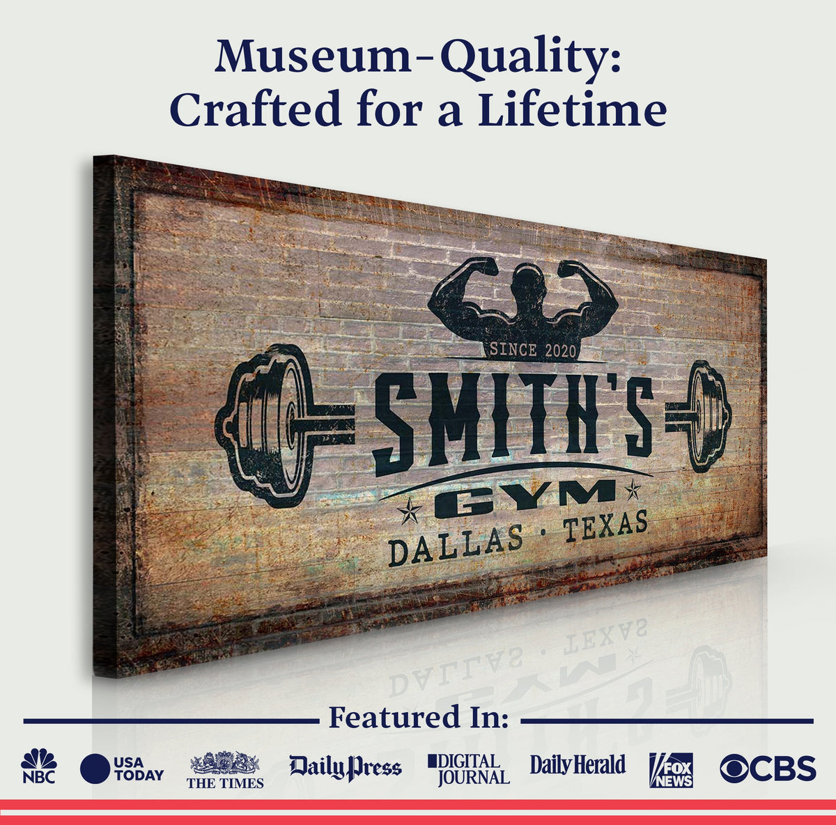 Gym Sign V canvas by Tailored Canvases with vintage brick background and bold lettering on Tampa Home & Garden Store