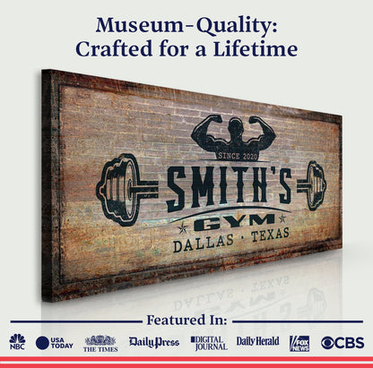 Gym Sign V canvas by Tailored Canvases with vintage brick background and bold lettering on Tampa Home & Garden Store