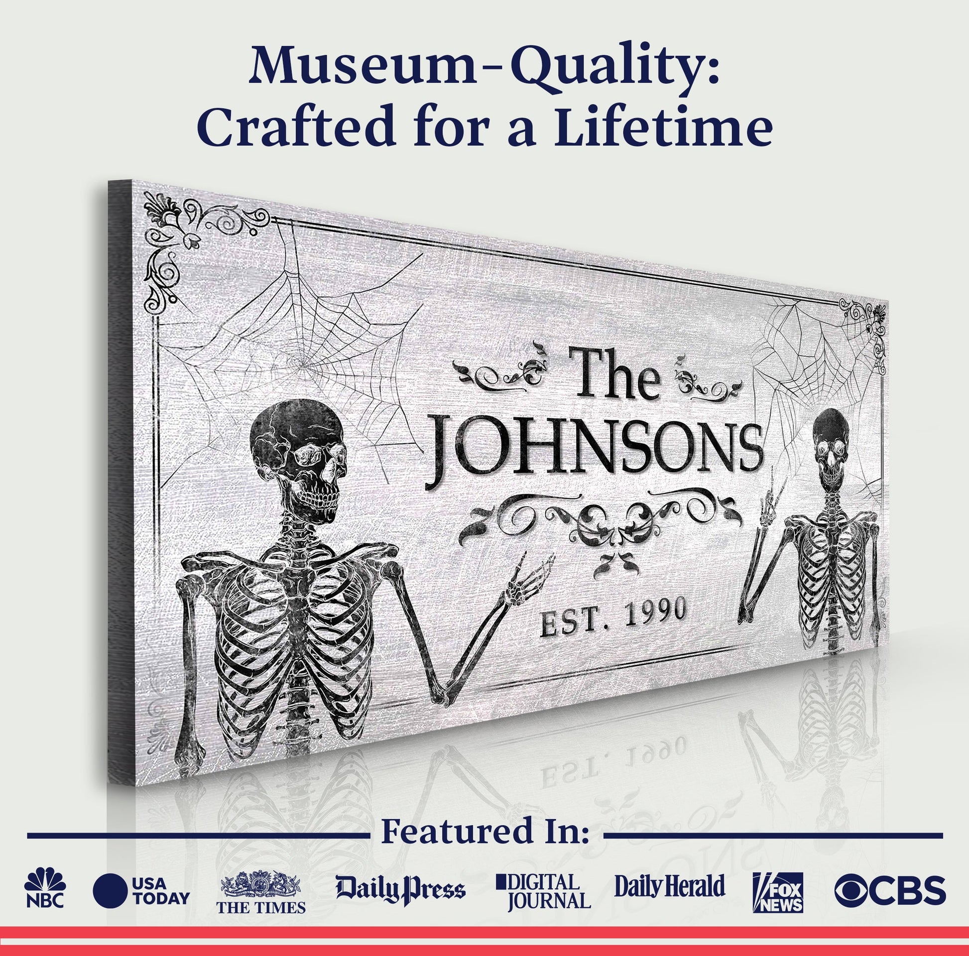Gothic Family Sign III Canvas by Tailored Canvases with skeletons and spiderwebs on gray on Tampa Home & Garden Store