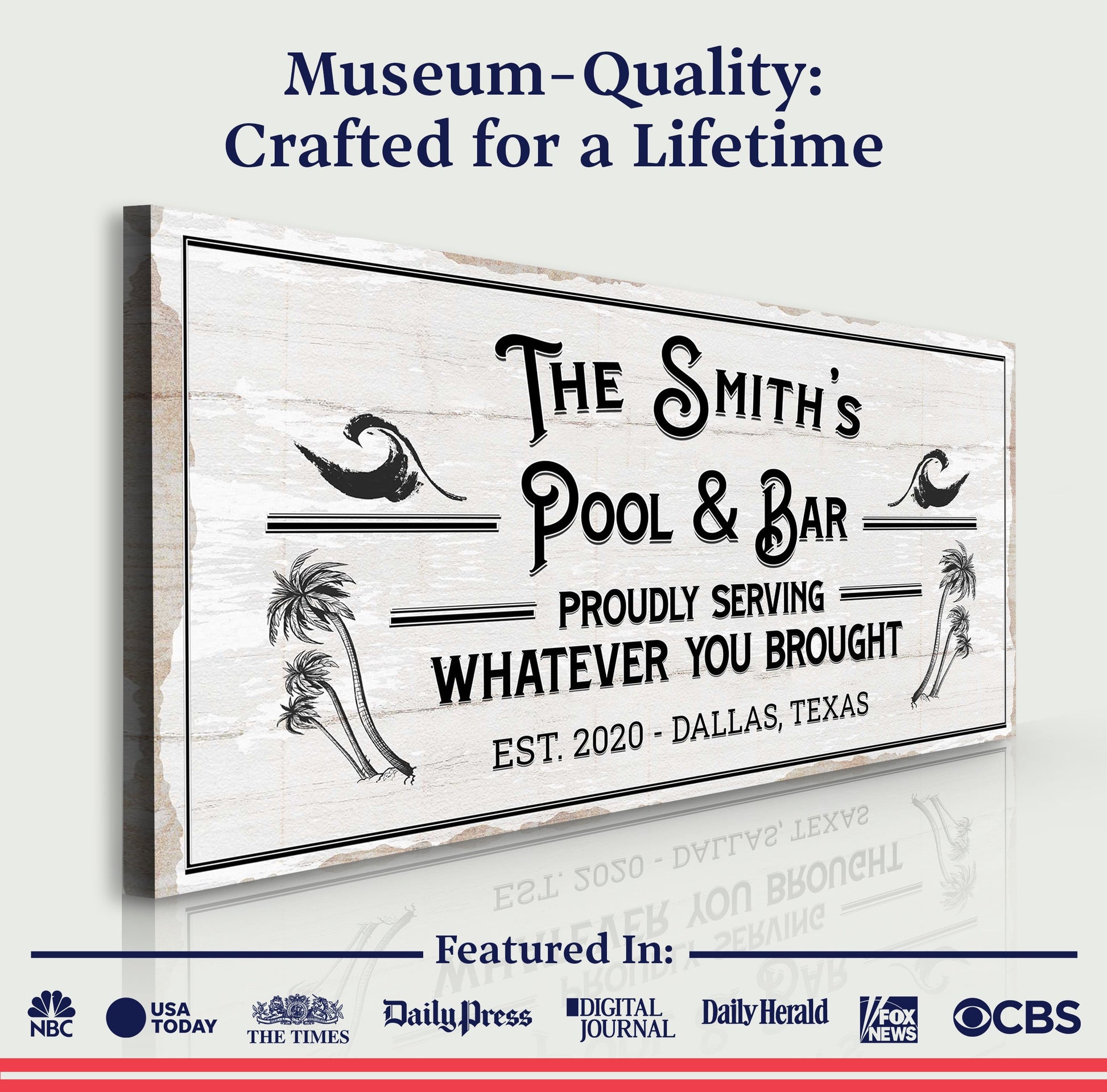 Personalized Rustic Pool And Bar Sign III canvas by Tailored Canvases, white with classic type on Tampa Home & Garden Store