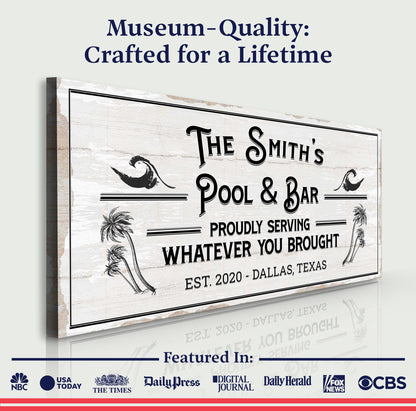 Personalized Rustic Pool And Bar Sign III canvas by Tailored Canvases, white with classic type on Tampa Home & Garden Store