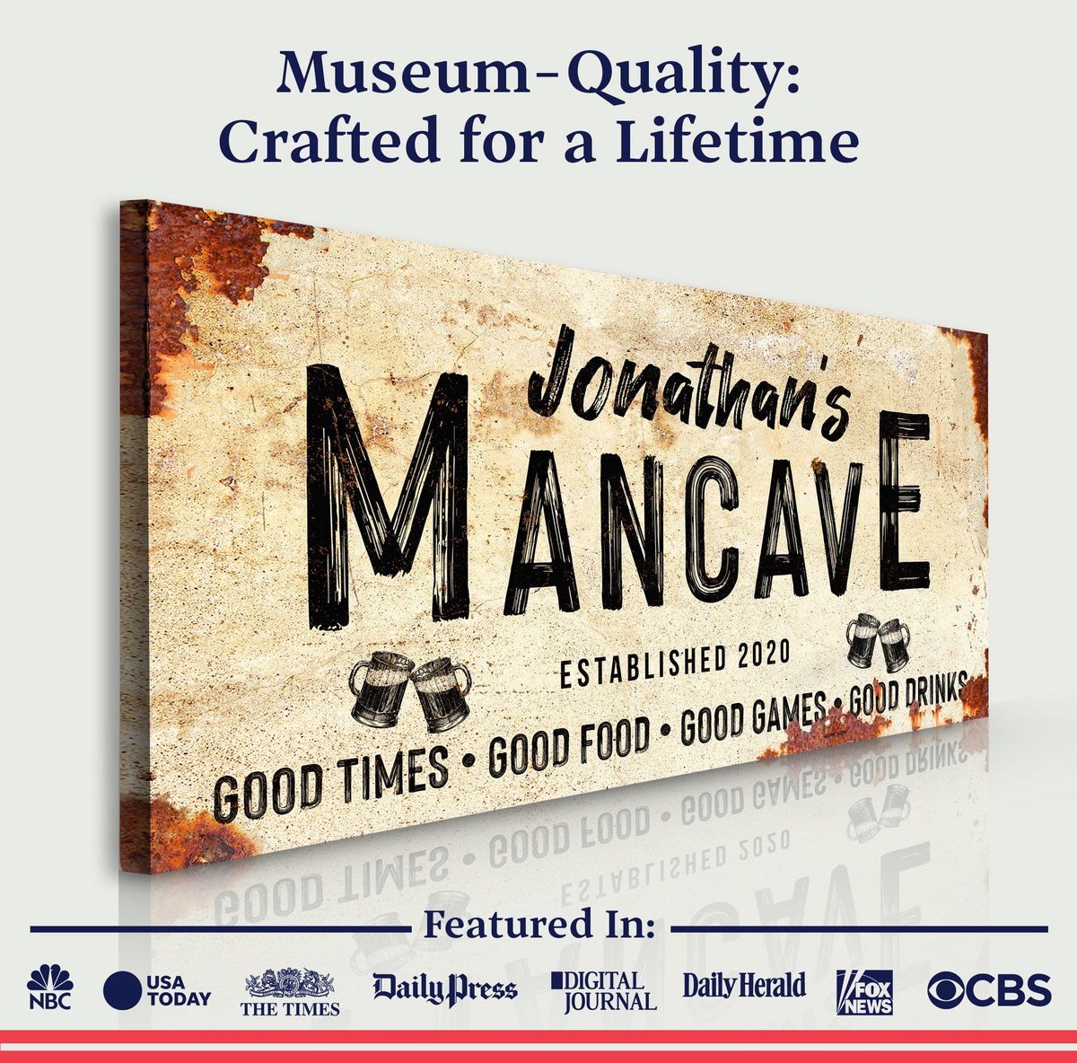 Good Times Man Cave Sign canvas by Tailored Canvases, distressed lettering on crafting canvas on Tampa Home & Garden Store