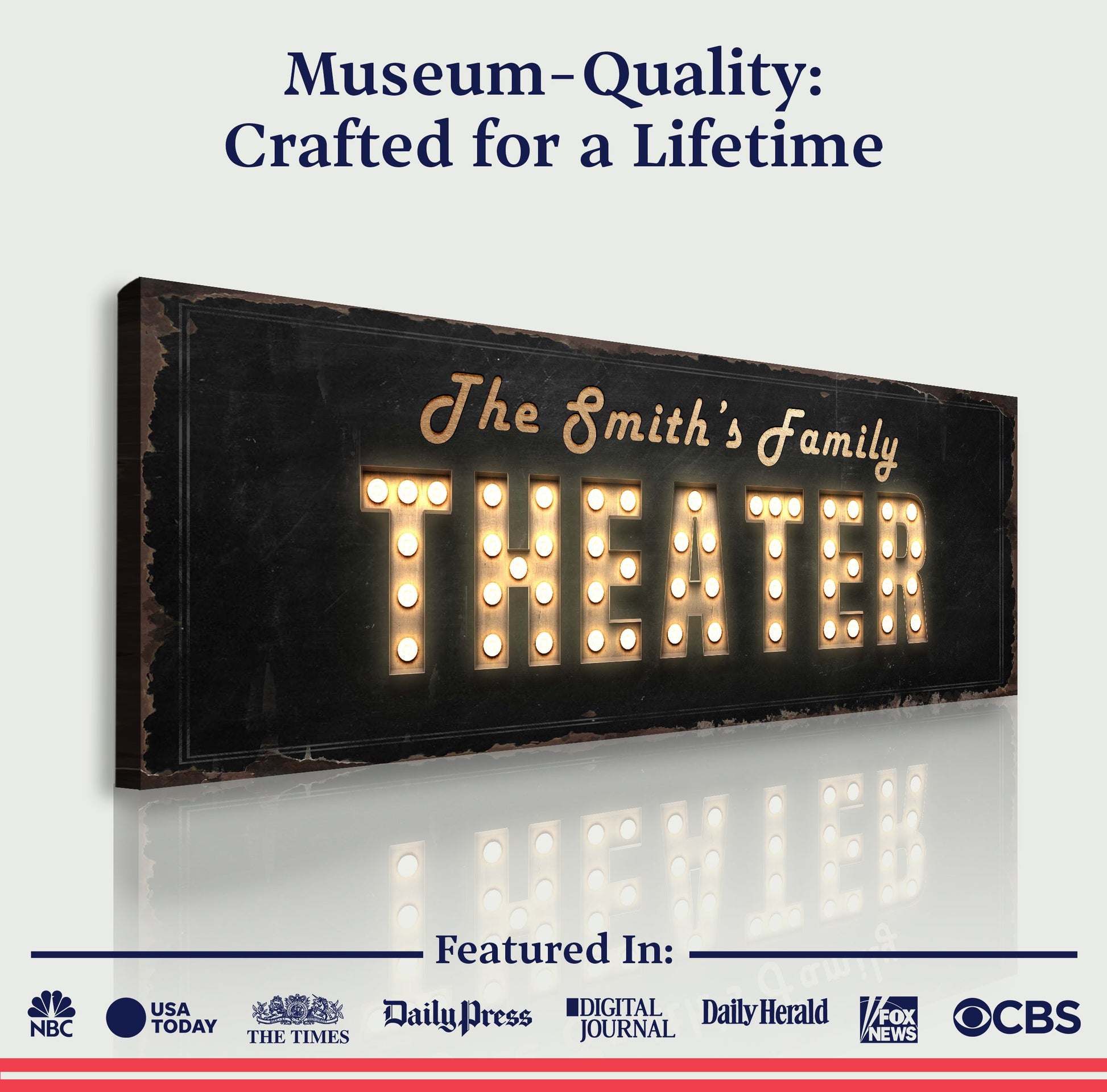 Theater Sign canvas with distressed black frame and glowing marquee letters Tailored Canvases on Tampa Home & Garden Store