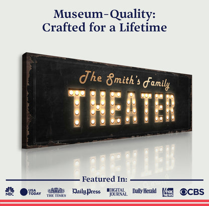 Theater Sign canvas with distressed black frame and glowing marquee letters Tailored Canvases on Tampa Home & Garden Store
