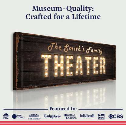 Theater Sign III canvas with distressed wood and marquee bulbs Tailored Canvases on Tampa Home & Garden Store