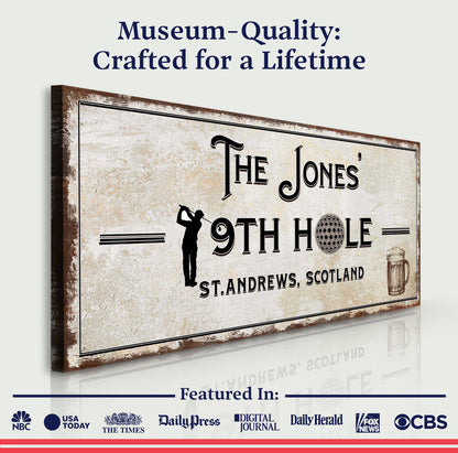 19th Hole Golf Sign canvas by Tailored Canvases, distressed beige with golfer and golf ball on Tampa Home & Garden Store