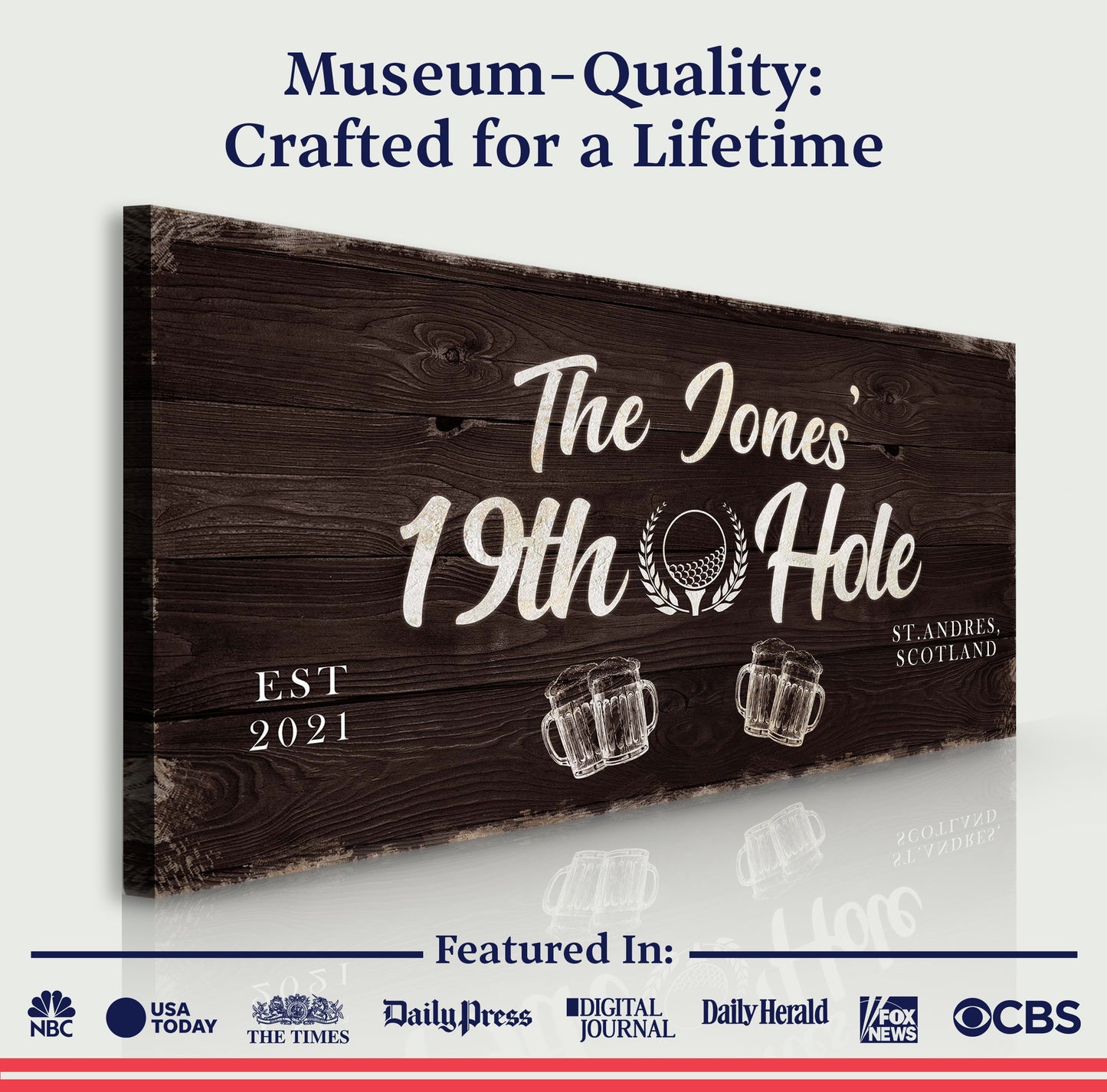 Canvas sign 19th Hole Golf Personalized Sign II by Tailored Canvases, wood-grain background on Tampa Home & Garden Store