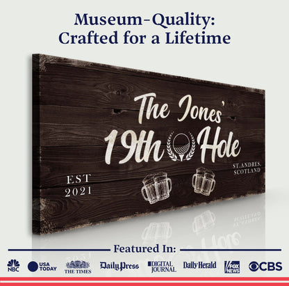 Canvas sign 19th Hole Golf Personalized Sign II by Tailored Canvases, wood-grain background on Tampa Home & Garden Store