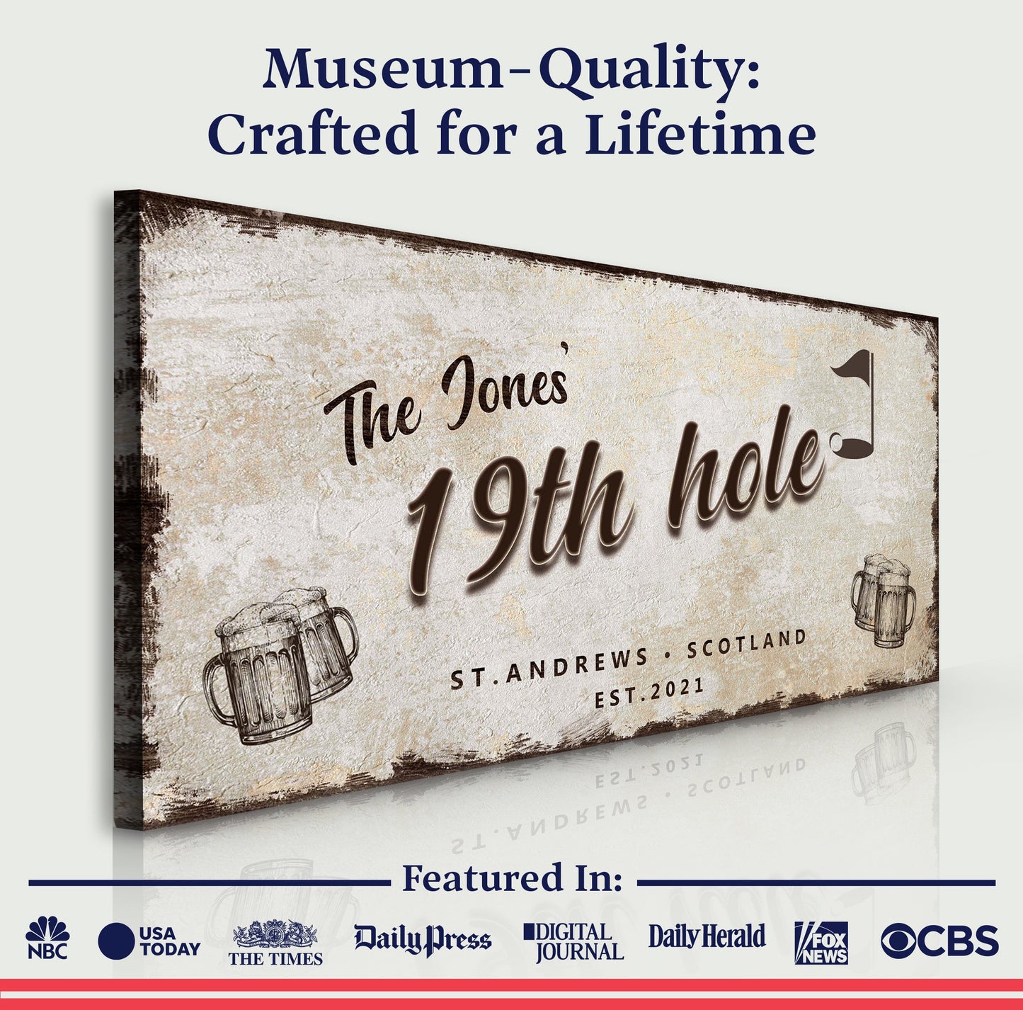 Canvas: 19th Hole Golf Personalized Sign III by Tailored Canvases; vintage beige textured sign on Tampa Home & Garden Store