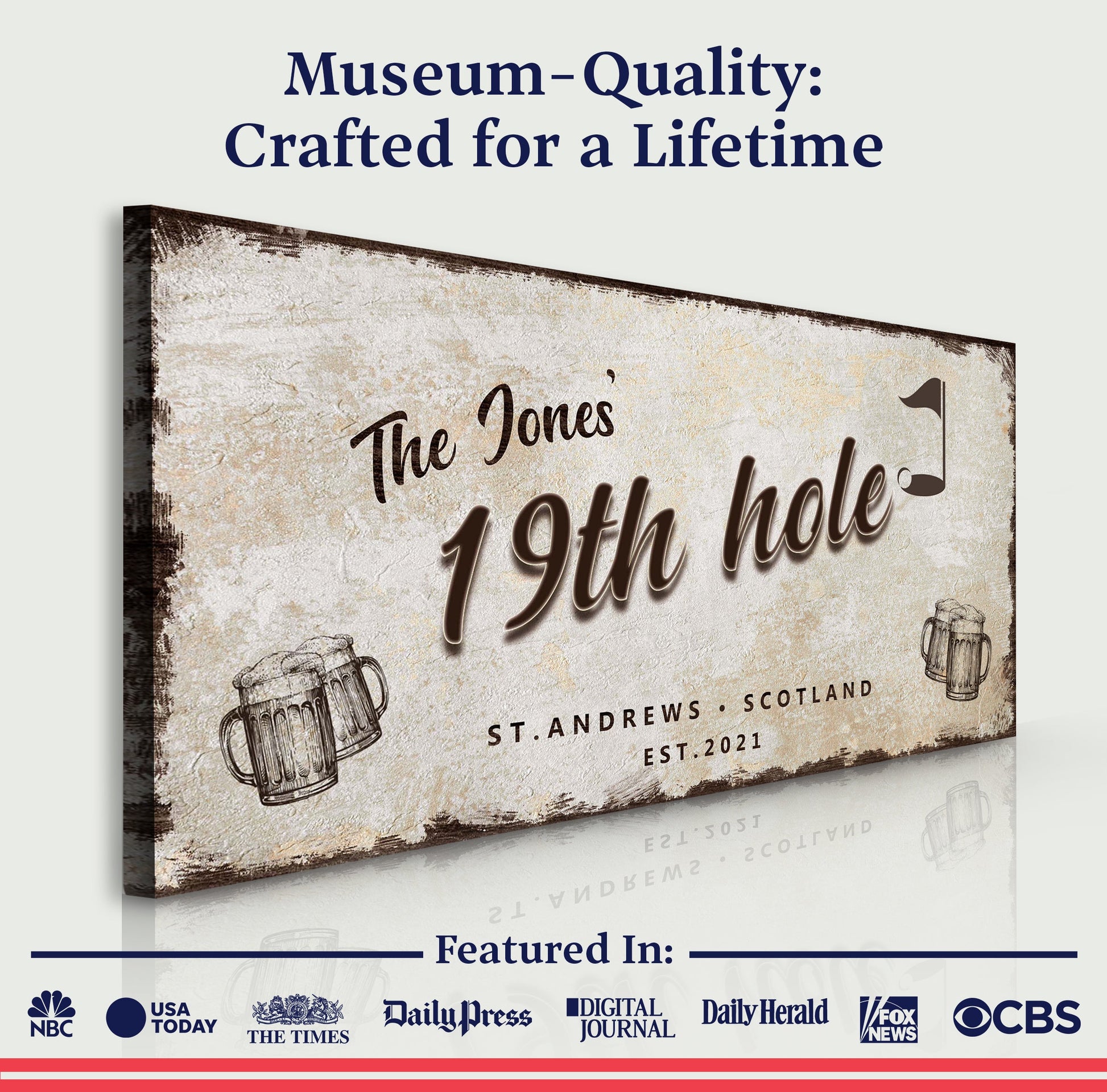 Canvas: 19th Hole Golf Personalized Sign III by Tailored Canvases; vintage beige textured sign on Tampa Home & Garden Store