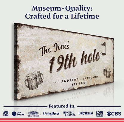 Canvas: 19th Hole Golf Personalized Sign III by Tailored Canvases; vintage beige textured sign on Tampa Home & Garden Store