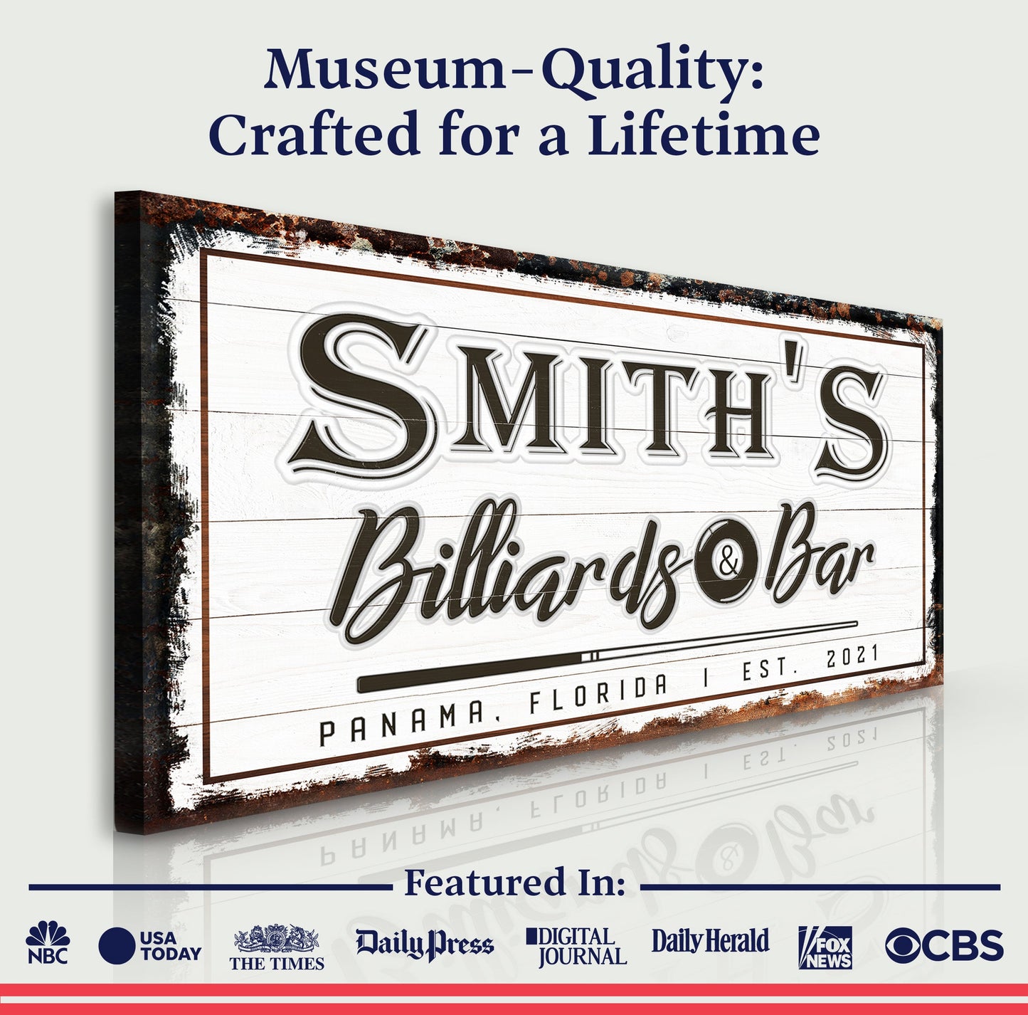 Billiards Bar canvas sign by Tailored Canvases with white wood panel and distressed frame on Tampa Home & Garden Store