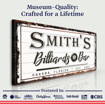 Billiards Bar canvas sign by Tailored Canvases with white wood panel and distressed frame on Tampa Home & Garden Store