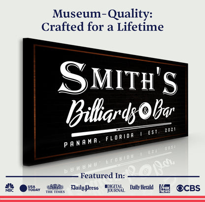 Tailored Canvases Billiards And Bar Sign II canvas with black signboard and white script on Tampa Home & Garden Store
