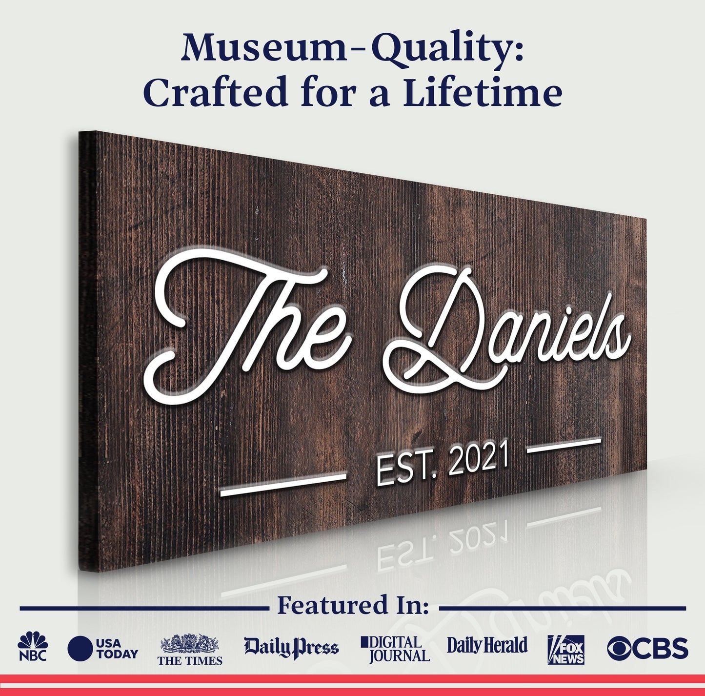 Family Name Sign IV canvas with wood backdrop and white cursive lettering by Tailored Canvases on Tampa Home & Garden Store