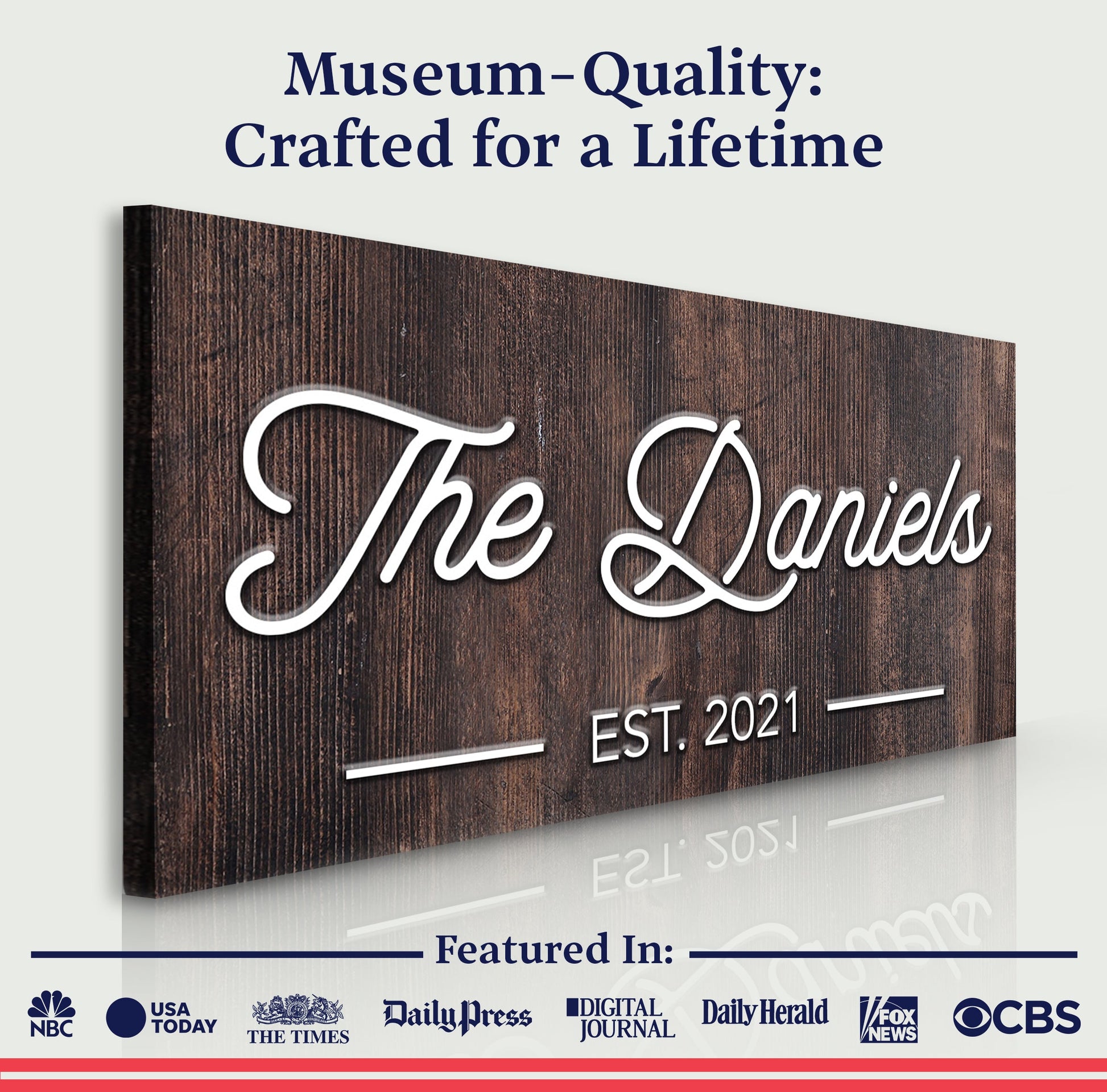 Family Name Sign IV canvas with wood backdrop and white cursive lettering by Tailored Canvases on Tampa Home & Garden Store